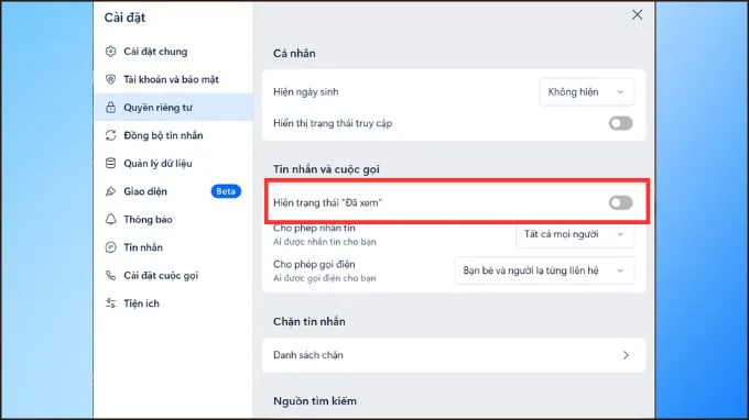 Tắt chế độ đã xem tin nhắn Zalo trên máy tính