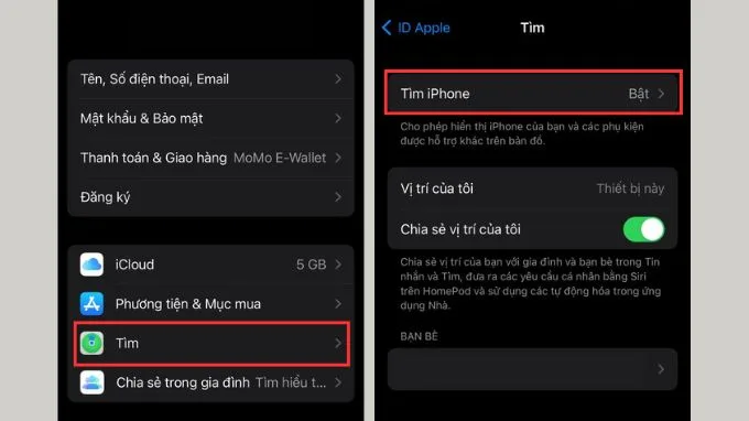 Chọn mục Tìm iPhone