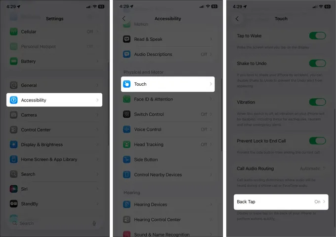 Kiểm tra Back Tap và Phím tắt