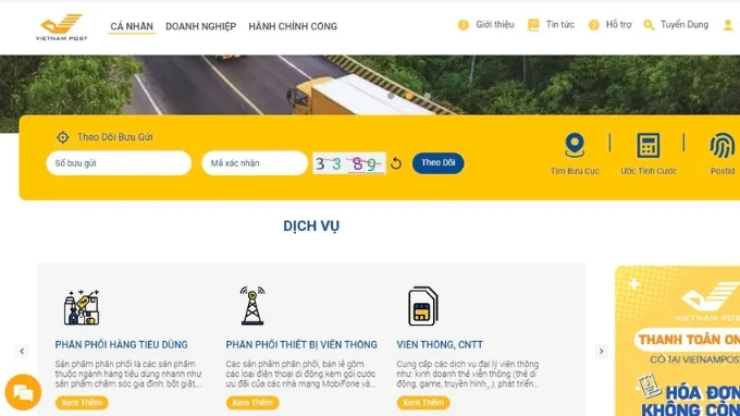 Nhập Số bưu gửi và mã xác nhận vào ô tương ứng, nhấn chọn lệnh Theo dõi