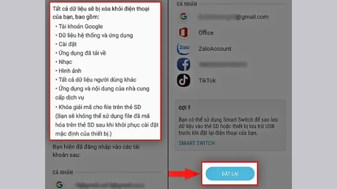 Nhấn chọn Đặt lại thiết bị và chờ đợi quá trình thiết lập lại hoàn tất
