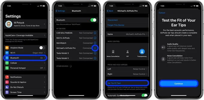 Truy cập ứng dụng Cài đặt (Settings) > Bluetooth, sau đó bấm nút hình chữ i nằm bên cạnh tên của AirPods Pro