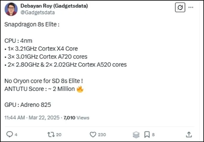 Snapdragon 8s Elite là bản nâng cấp nhẹ từ 8s Gen 3, vẫn thiếu nhân Oryon tùy chỉnh