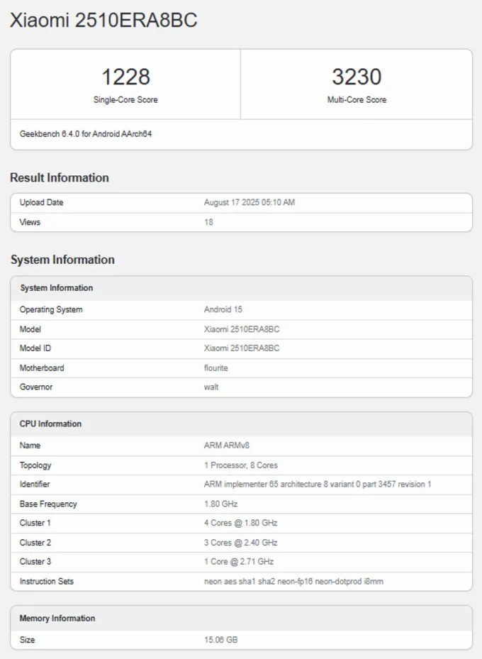 Điểm Geekbench của Redmi Note 15 Pro+