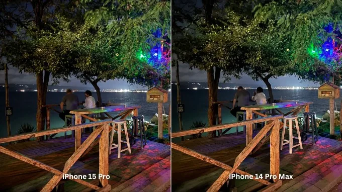 Ảnh chụp thiếu sáng trên iPhone 15 Pro và iPhone 14 Pro Max đều rất đẹp, tuy nhiên ảnh từ iPhone 15 Pro đỡ nhiễu hơn