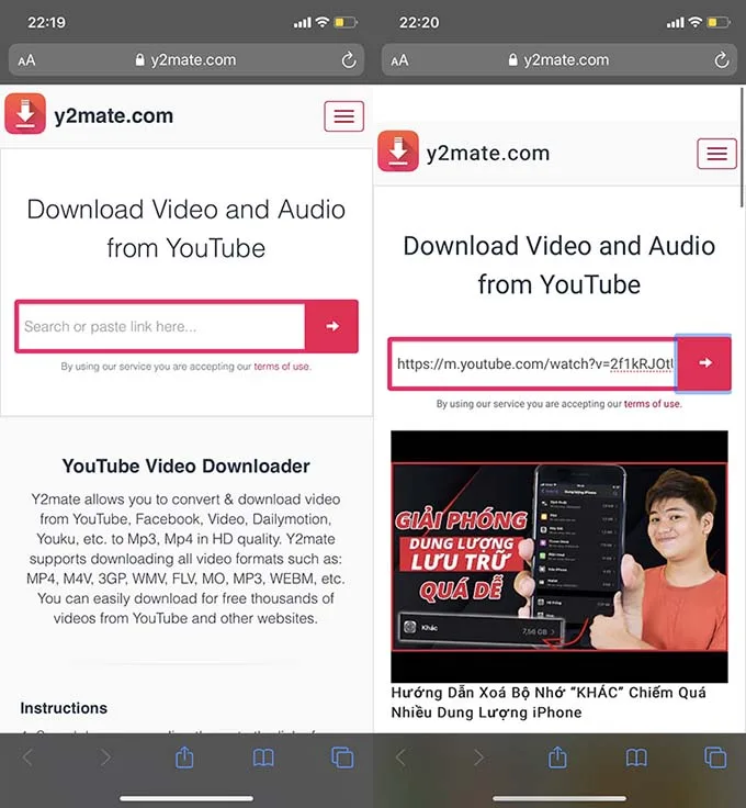 Tải video Youtube về iPhone bằng y2mate.com