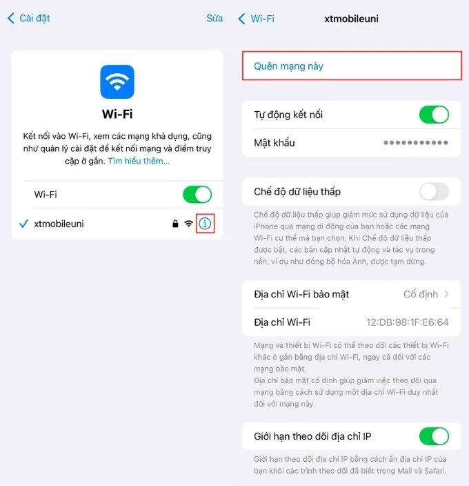 Tắt bật Wifi và quên mạng Wifi để kết nối lại