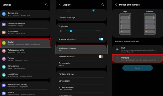 Cách chuyển đổi màn hình sang mức tiêu chuẩn để tiết kiệm pin cho điện thoại Samsung