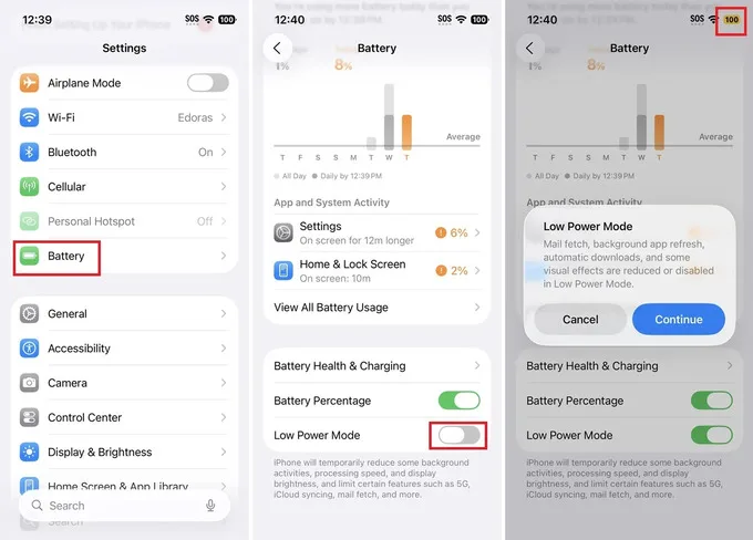 Bật Chế độ nguồn điện thấp (Low Power Mode)
