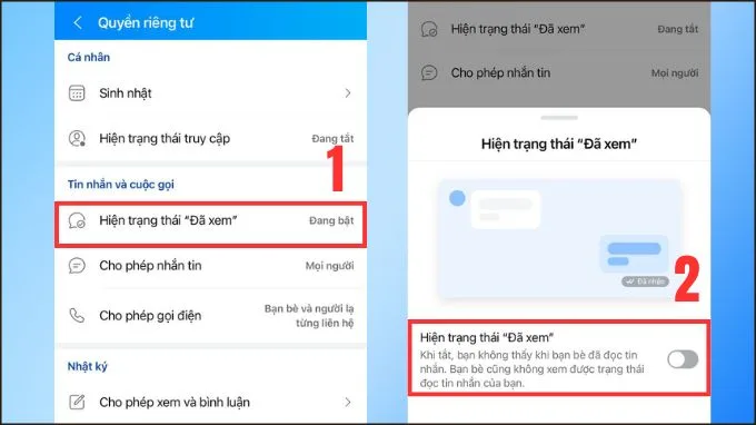 Gạt tắt thanh trạng thái chế độ đã xem tin nhắn trên Zalo