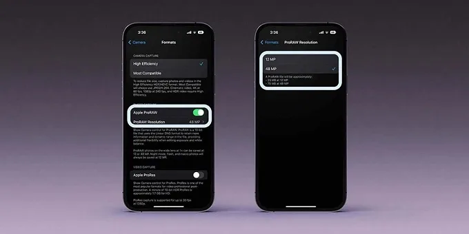Nhấn gạt thanh điều hướng để kích hoạt Apple ProRAW