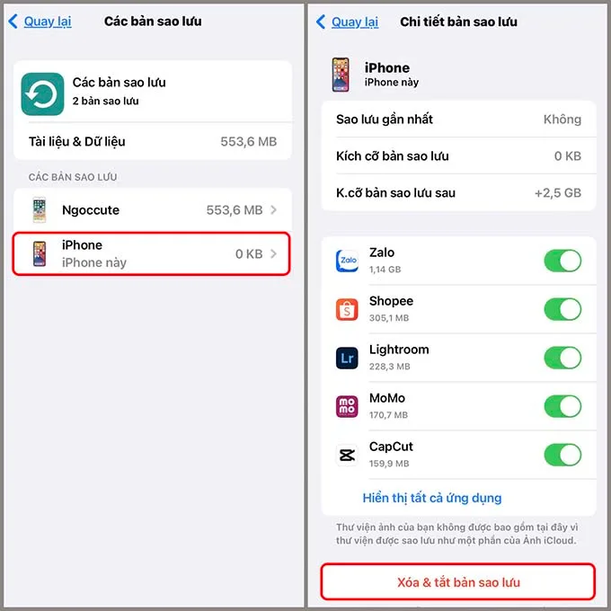 Tắt sao lưu ảnh iCloud và ứng dụng
