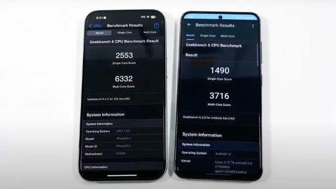So sánh hiệu năng iPhone 15 và Galaxy S23 qua Geekbench 6