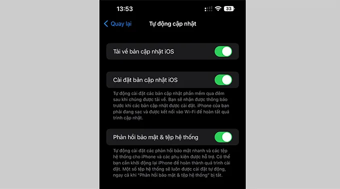 Giao diện chức năng bảo mật iPhone: Phản hồi bảo mật & tệp hệ thống