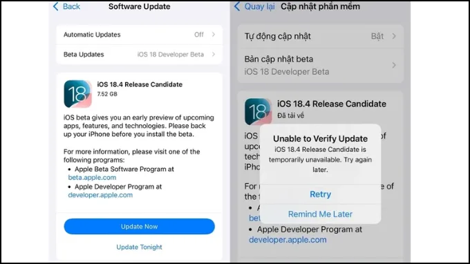 Lỗi iPhone không thể cài iOS 18.4 RC
