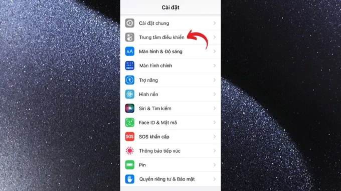 Truy cập ứng dụng Cài đặt và chọn Trung tâm điều khiển