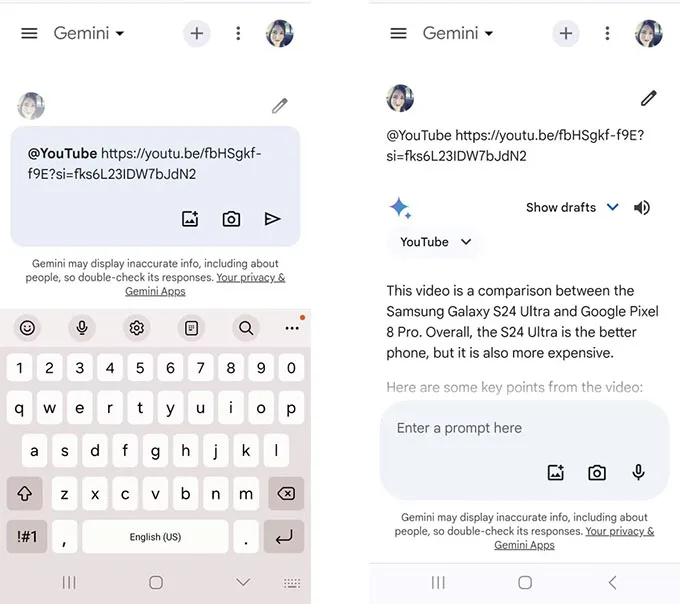 Yêu cầu Gemini phân tíc video trên YouTube