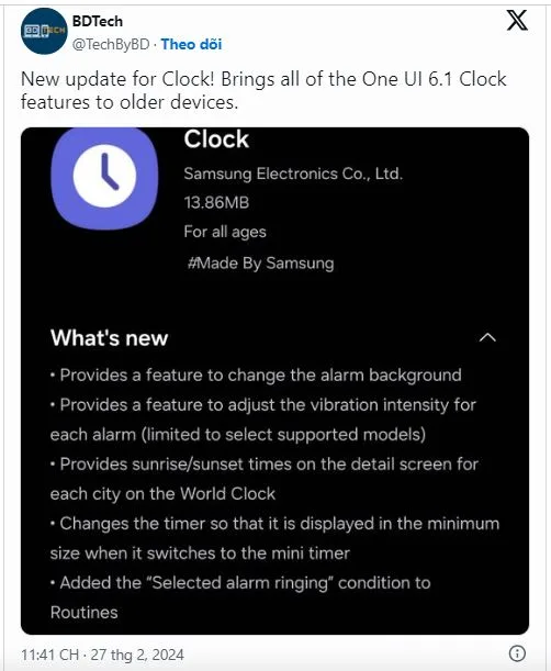 Bản cập nhật Samsung Clock mang tính năng One UI 6.1 cho điện thoại Galaxy cũ hơn