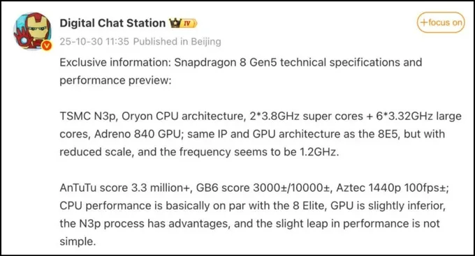 Snapdragon 8 Gen 5 lộ điểm hiệu năng