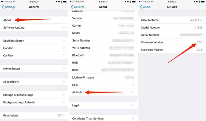 AirPods 2 thông tin trên cài đặt chung
