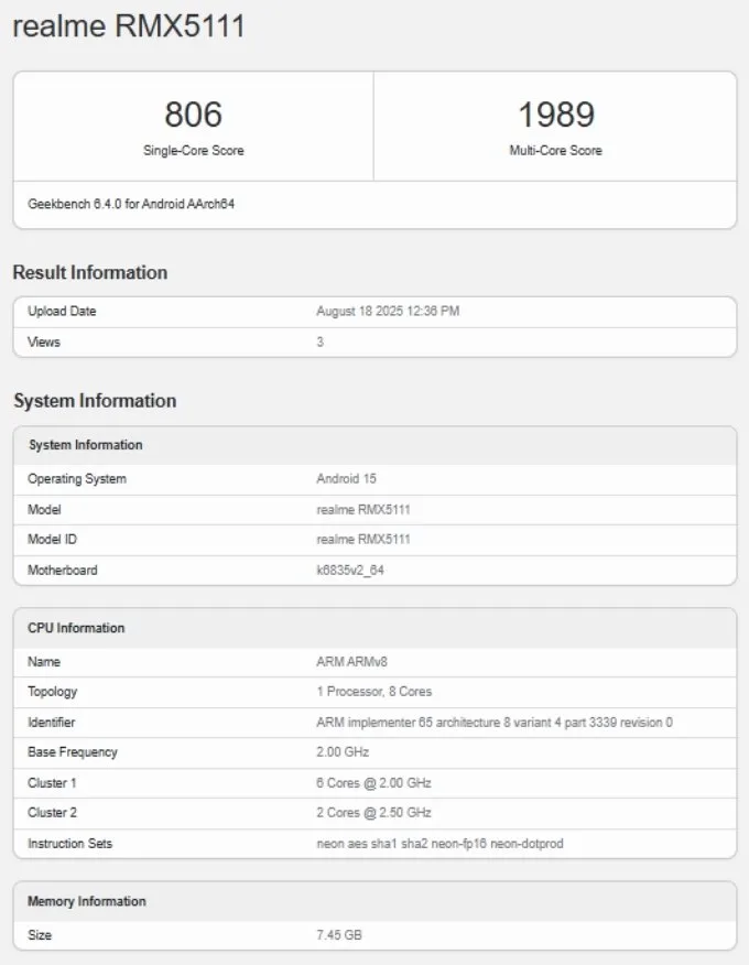 Realme 15T 5G xuất hiện trên Geekbench