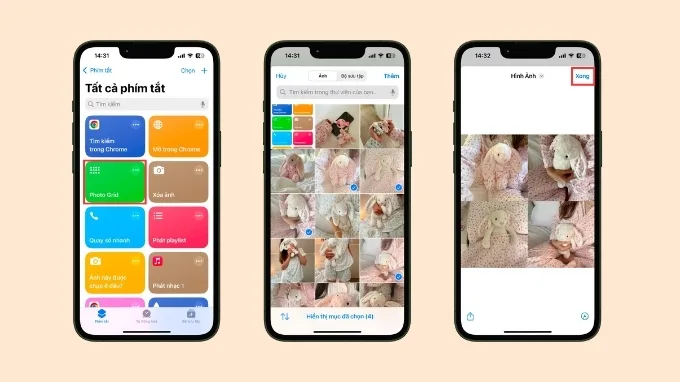 Chọn phím tắt Photo Grid, sau đó chọn ảnh cần ghép và nhấn lệnh Thêm