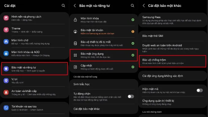 Bật tính năng Bảo vệ chống trộm trên Galaxy A57