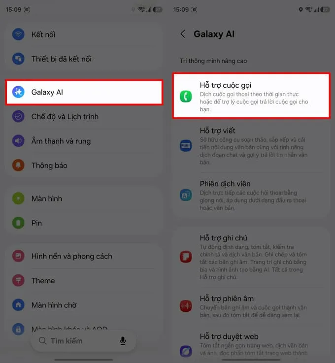 Mở phần Cài đặt trên điện thoại Samsung, kéo xuống và chọn mục Galaxy AI