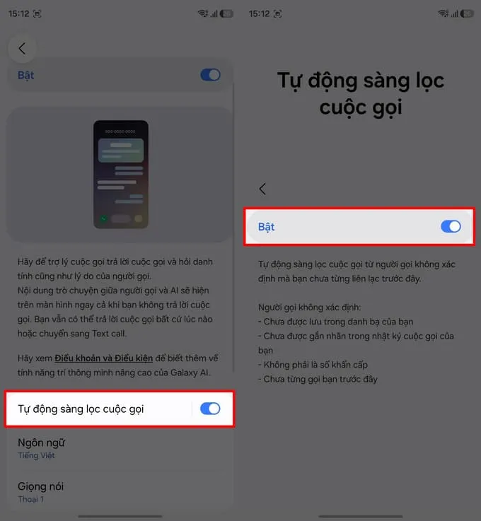 Chọn tiếp Tự động lọc cuộc gọi và bật chế độ Tự động sàng lọc