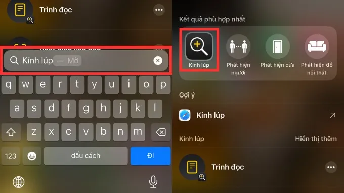 Bật kính lúp trên iPhone bằng thanh tìm kiếm nhanh