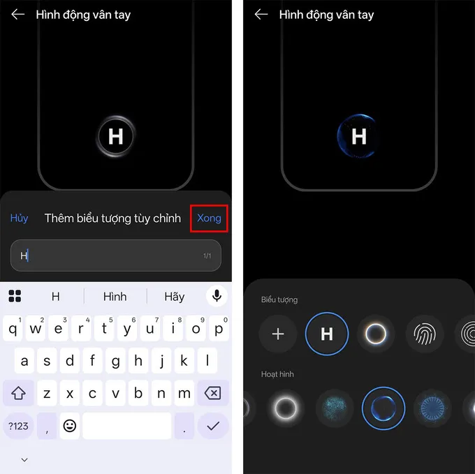 Bạn có thể nhập văn bản, icon,... cho hình động vân tay của mình và nhấn Xong