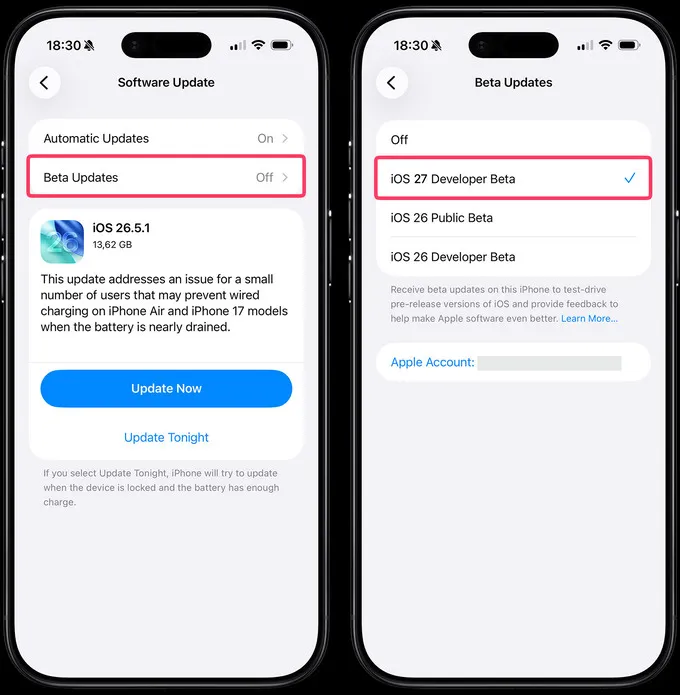 Cách cập nhật iOS 27 Beta