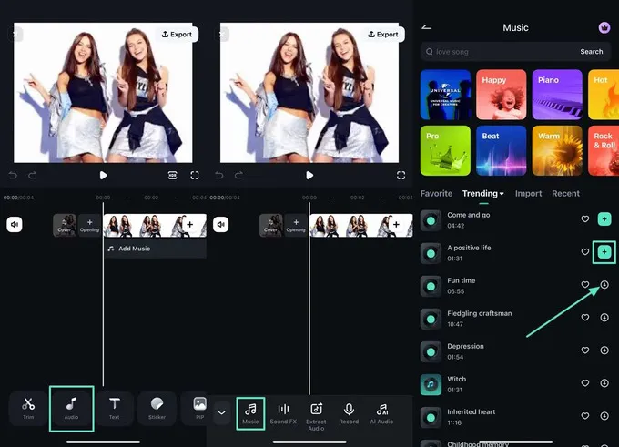 Nhấn biểu tượng (+) tại vị trí bài hát