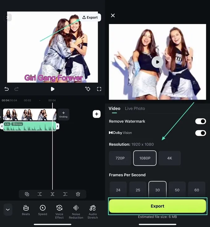 Xuất video bằng cách chọn Export
