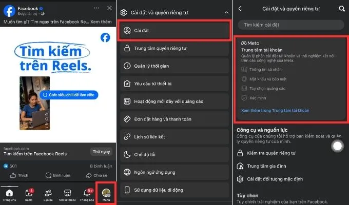 Bước 1: Truy cập Trung tâm tài khoản Meta
