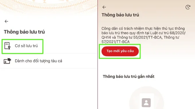 Bước 2: Tạo yêu cầu thông báo lưu trú