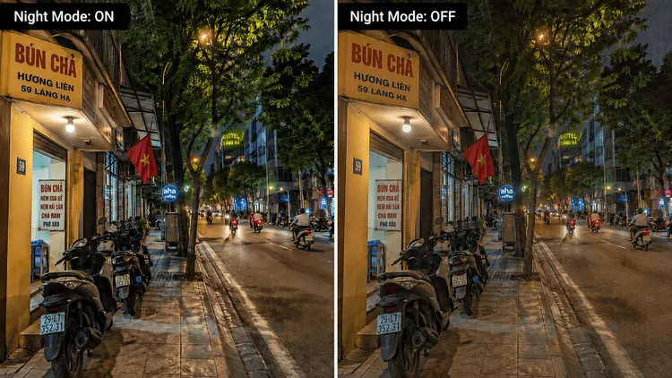 So sánh ảnh chụp đêm camera iPhone 14 Night Mode bật và tắt trên đường phố