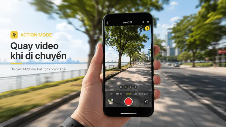 Action Mode camera iPhone 14 quay video chống rung khi di chuyển ngoài trời