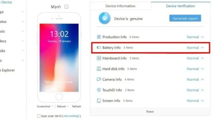 Kiểm tra bằng công cụ iTools