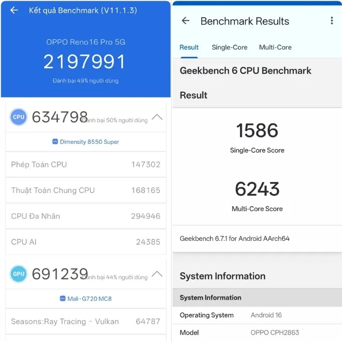 OPPO Reno16 Pro 5G được trang bị vi xử lý MediaTek Dimensity 8550 Super