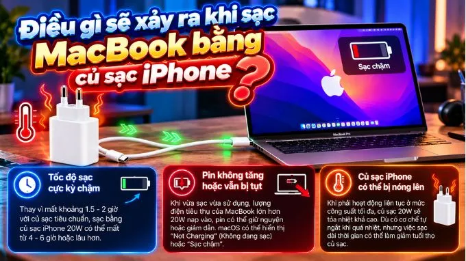 Điều gì sẽ xảy ra khi sạc MacBook bằng củ sạc iPhone?