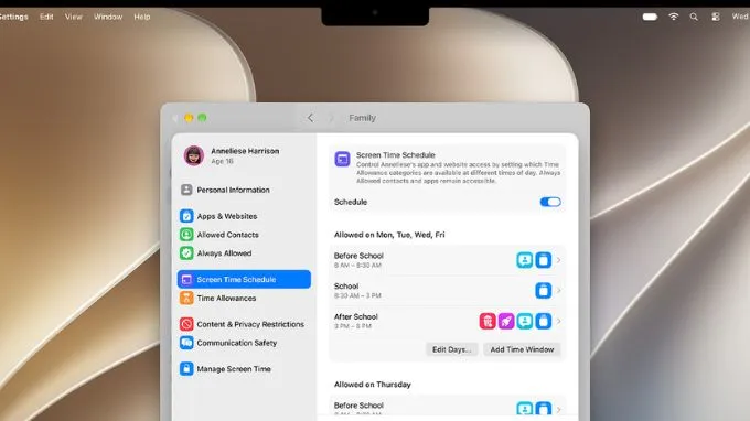 macOS 27 cũng cho phép phụ huynh thiết lập Thời Gian Cho Phép đối với từng nhóm ứng dụng