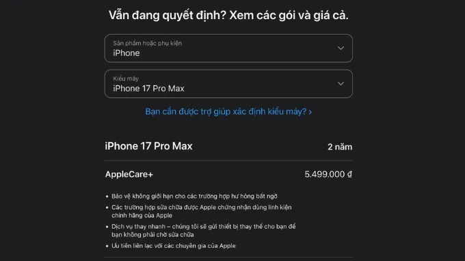Gói bảo hành AppleCare+ cho iPhone 17 Pro Max