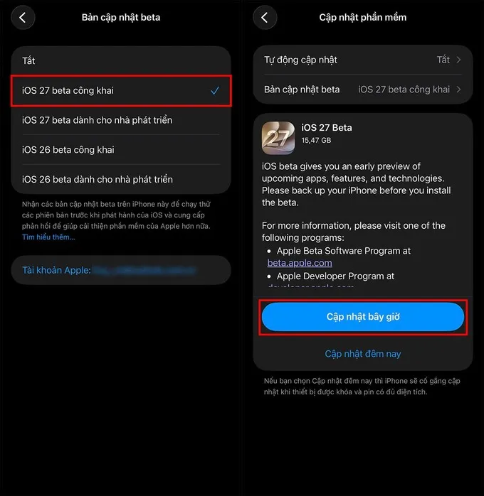 Chọn mục Bản cập nhật beta 