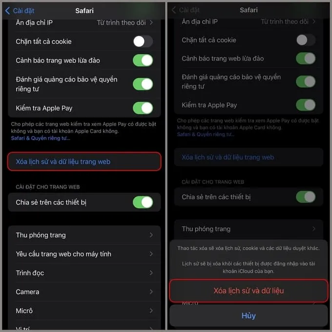 Kéo xuống phía dưới, chọn Xóa lịch sử và dữ liệu trang web