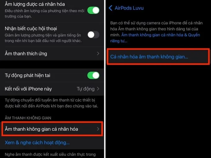 Cuộn xuống mục Âm thanh không gian và chọn Âm thanh không gian cá nhân hoá