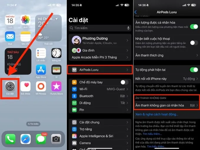 Truy cập Cài đặt và chọn AirPods đang kết nối