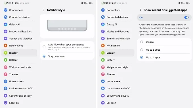 Samsung cũng cung cấp hai cách hiển thị Taskbar