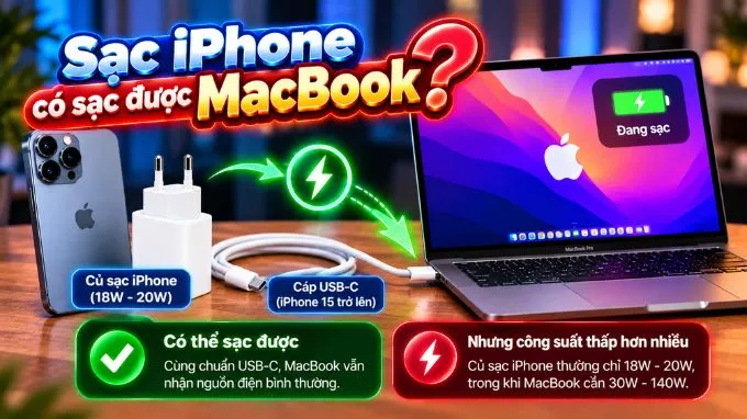 Người dùng có thể dùng củ sạc và cáp sạc của iPhone để sạc cho MacBook