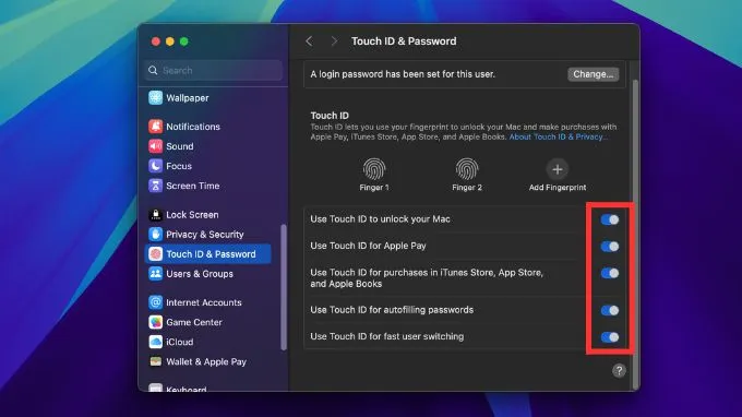 Kiểm tra và tái kích hoạt các quyền truy cập của Touch ID